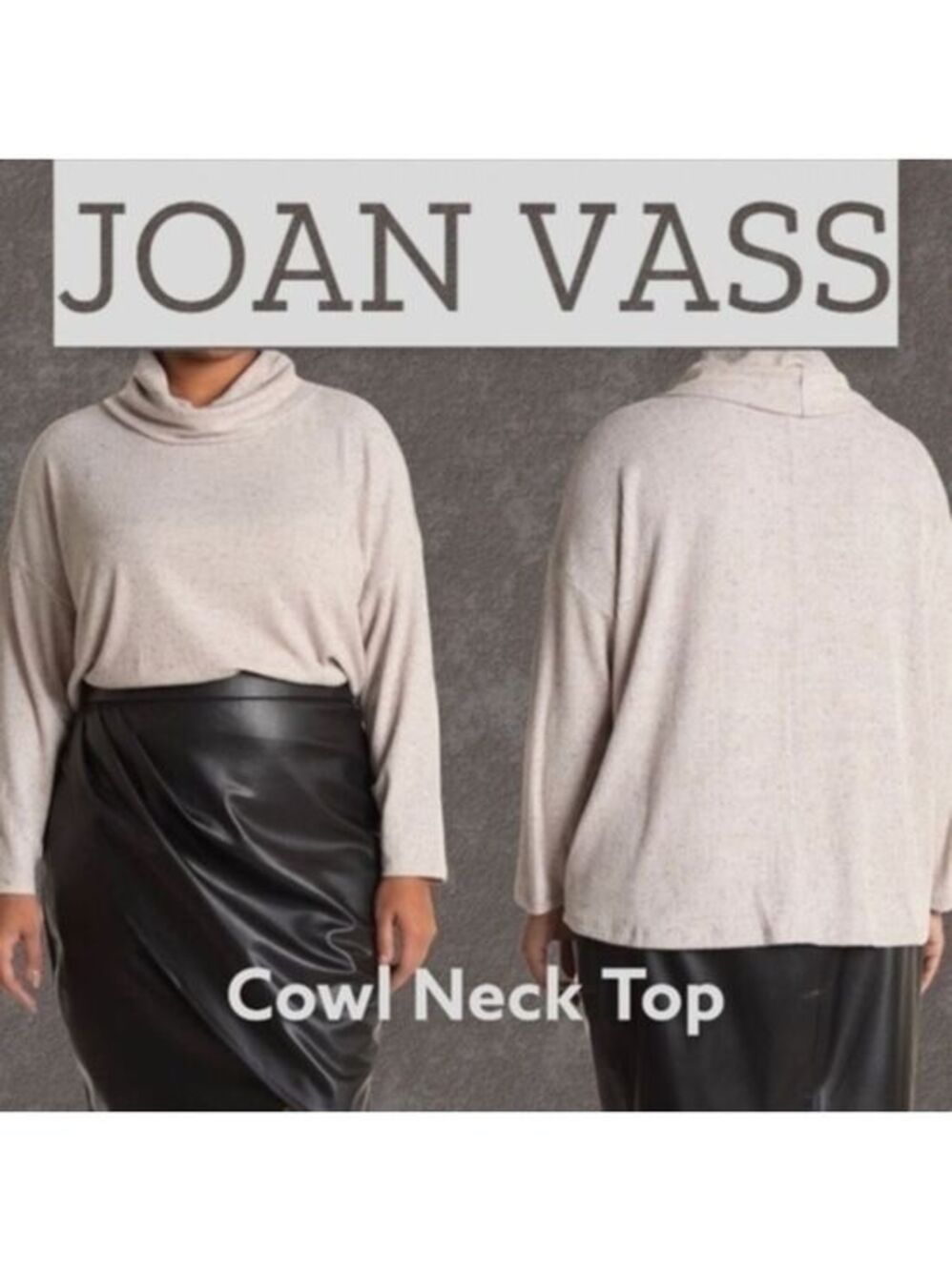 JOAN VASS Plus Size Cowl Neck Ribbed-Knit Long Sleeve Top in Gray